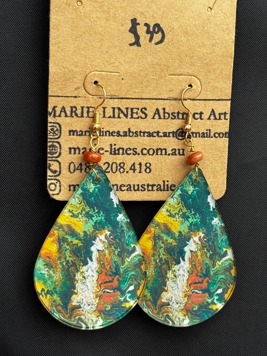 Marie-Line's abstract art Large teardrop orange, green and white earrings,  green&orange 50mm