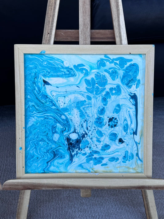 Marie-Line's abstract art framed "colourful waves in the shades of blue", by Marie-Line's abstract art,  blue&white 25x25cm