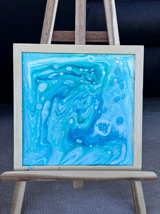 Marie-Line's abstract art framed "colourful waves in the shades of blue and white", by Marie-Line's abstract art,  blue&white 25x25cm