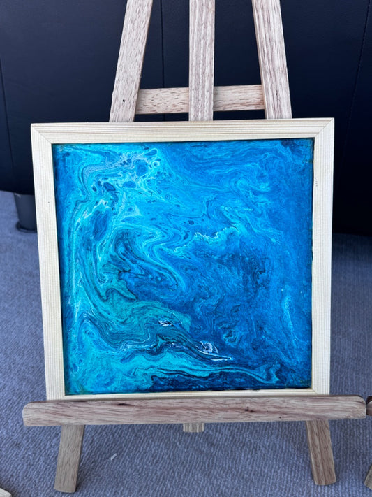 Marie-Line's abstract art framed "colourful waves in the shades of blue", by Marie-Line's abstract art,  blue 25x25cm