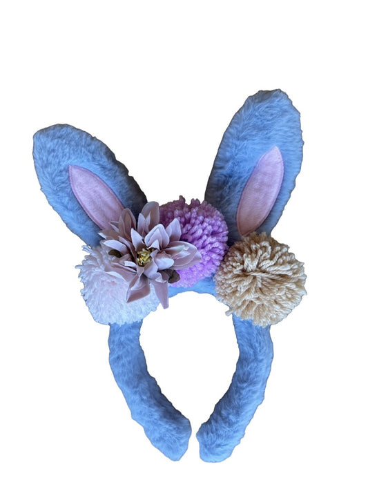 P and P Pompom Easter Bunny Pom Pom Ears,  Steel Blue  with pink, latte and violet pompoms One size