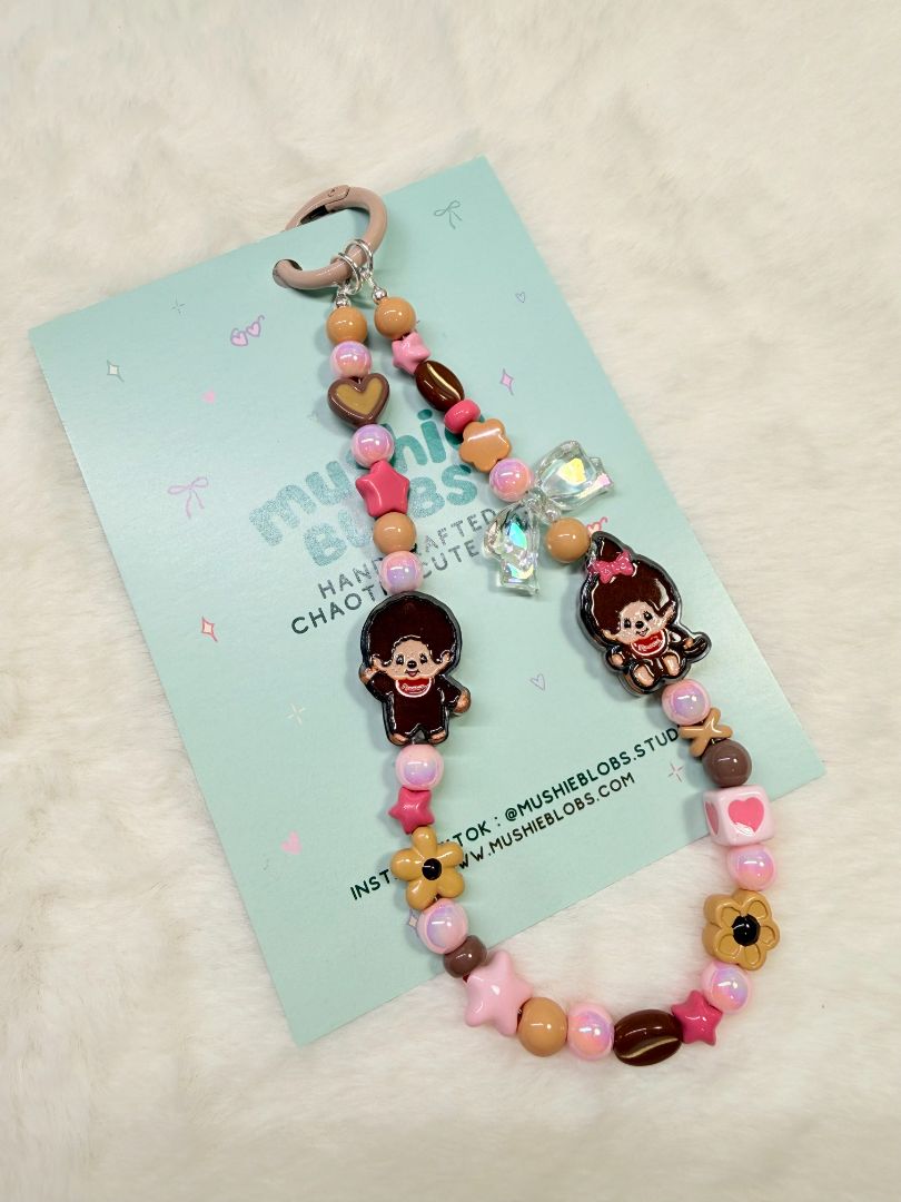 mushieblobs studio Phone Charm: Monchhichi,  Pink & Brown