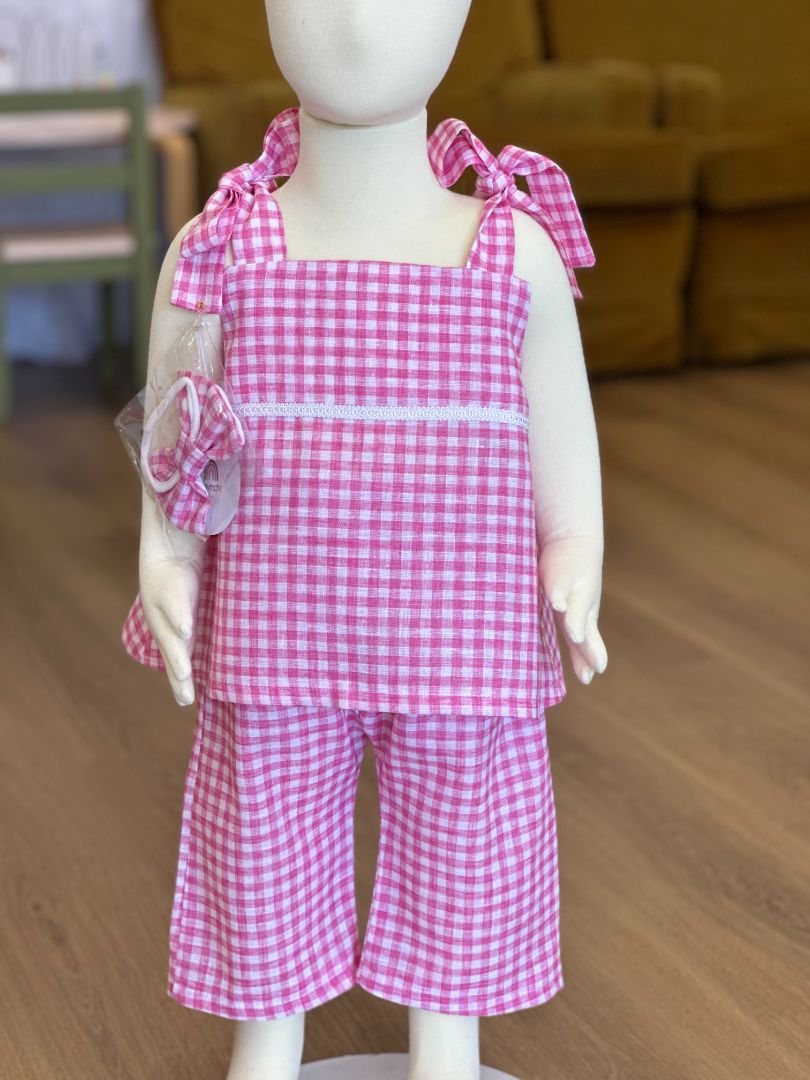 Playmate kids Pink & White Gingham 2-Piece Set with Matching Bow,  Pink 3