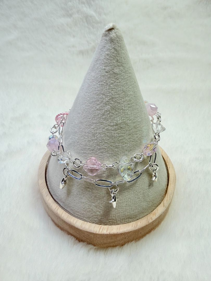 mushieblobs studio Double Chain Bracelet,  Silver, Pink
