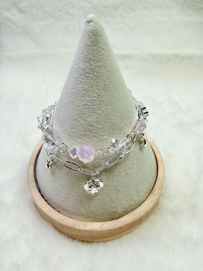 mushieblobs studio Double Chain Bracelet,  Silver, Pink