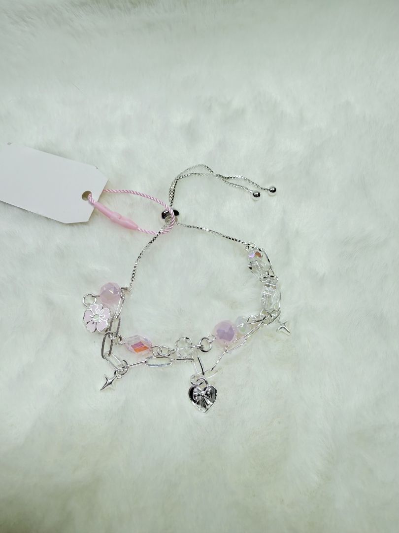 mushieblobs studio Double Chain Bracelet,  Silver, Pink