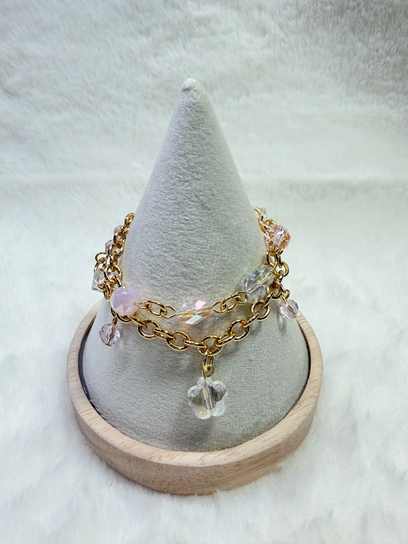 mushieblobs studio Double Chain Bracelet,  Gold, Pink