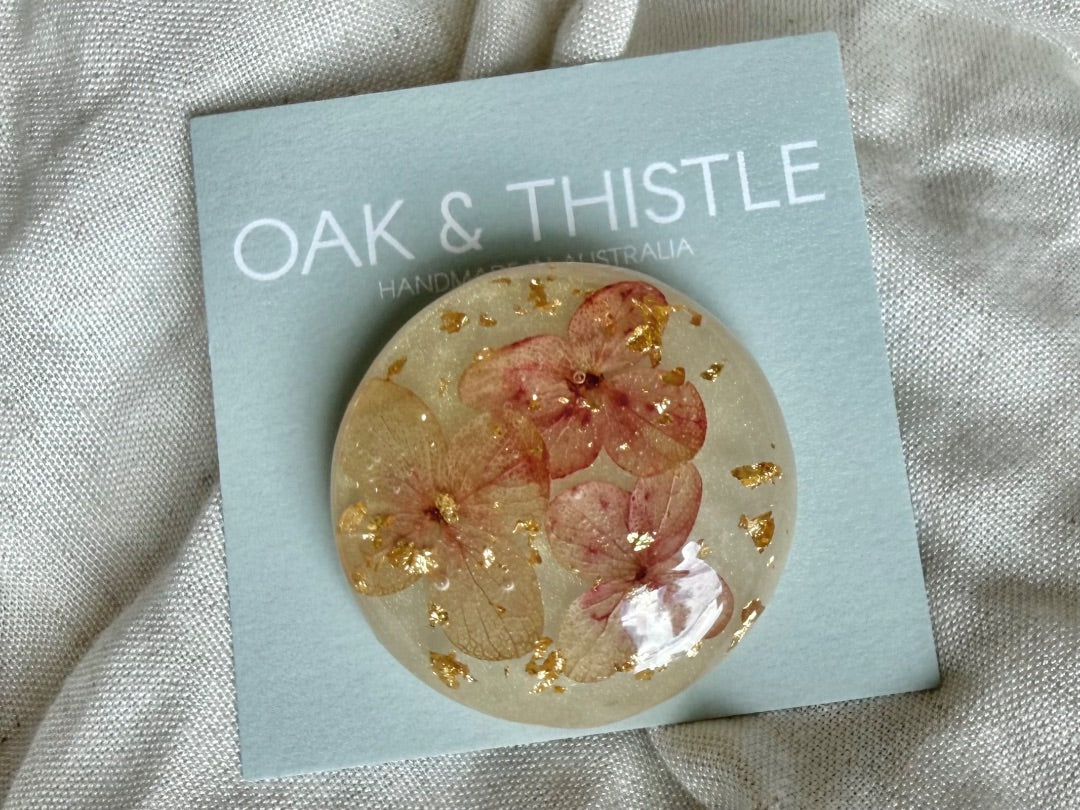 Oak & Thistle Brooch,  Pink, gold