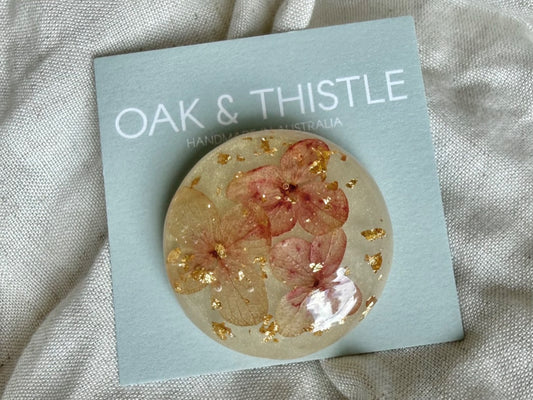 Oak & Thistle Brooch,  Pink, gold