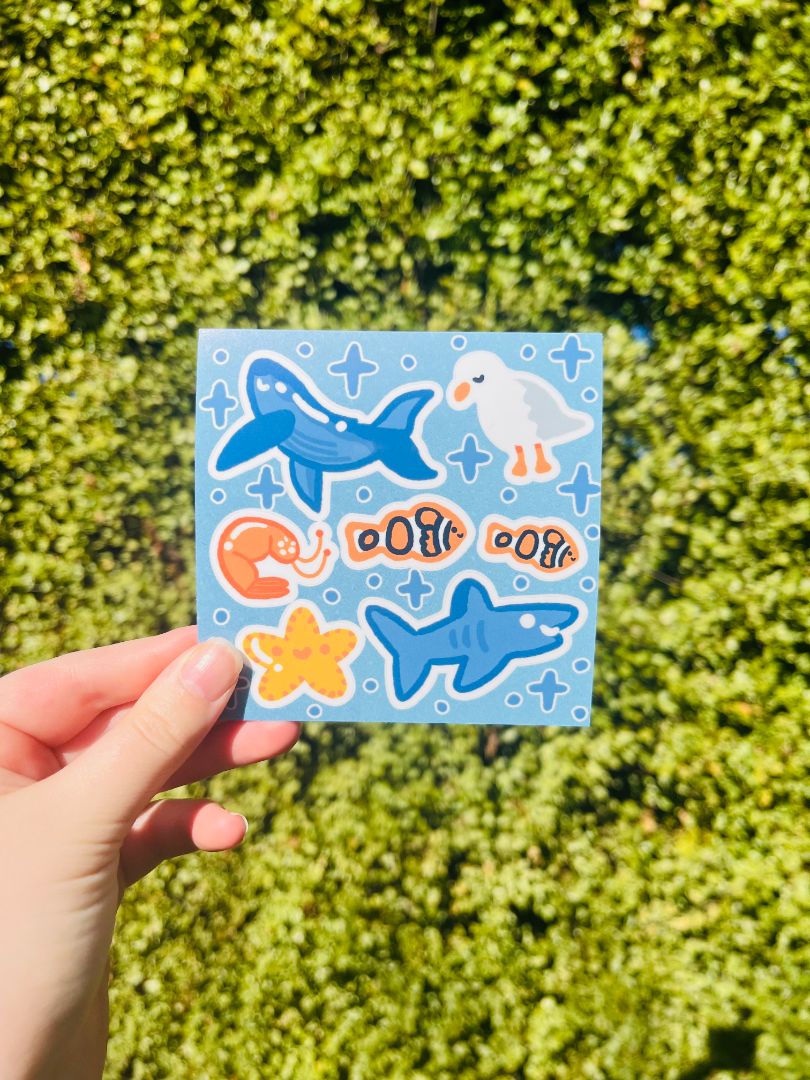 Seedi Bun Sea Creatures Sticker Sheet,  Blue 10 x 10 cm