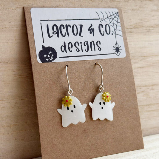 Lacroz & Co. Designs Halloween Mini Floral Ghost Earrings,  White 35mm x 18mm