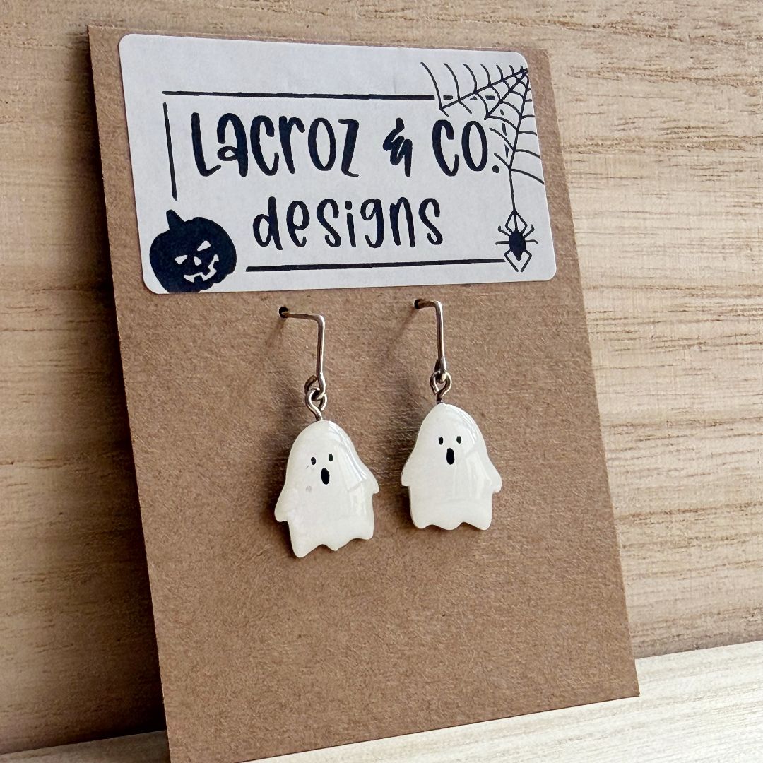 Lacroz & Co. Designs Halloween Mini Ghost Earrings,  White 35mm x 18mm