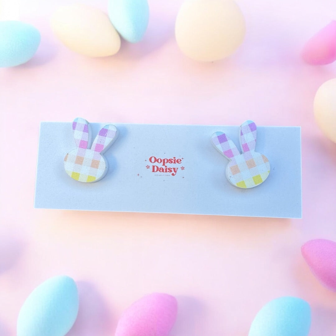 Oopsie Daisy Collections Rainbow Gingham clip on studs,  Rainbow