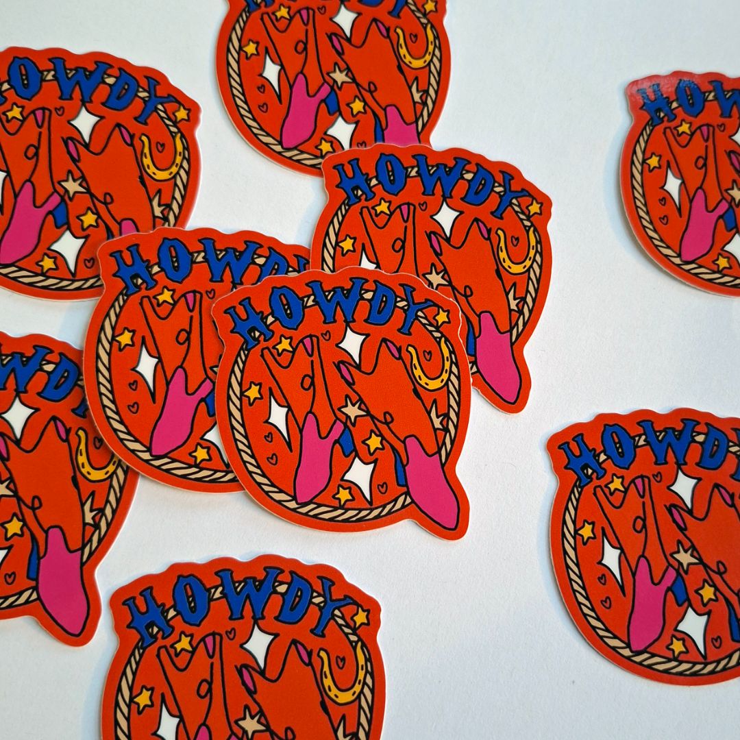 Tegan Iversen Howdy sticker,  red 4.5cm x 9.5cm