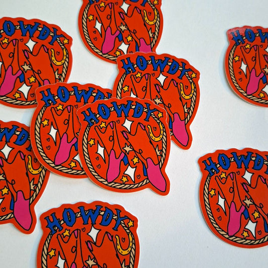 Tegan Iversen Howdy sticker,  red 4.5cm x 9.5cm