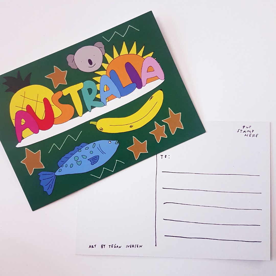 Tegan Iversen Australia postcard,  green 15cm x 10cm