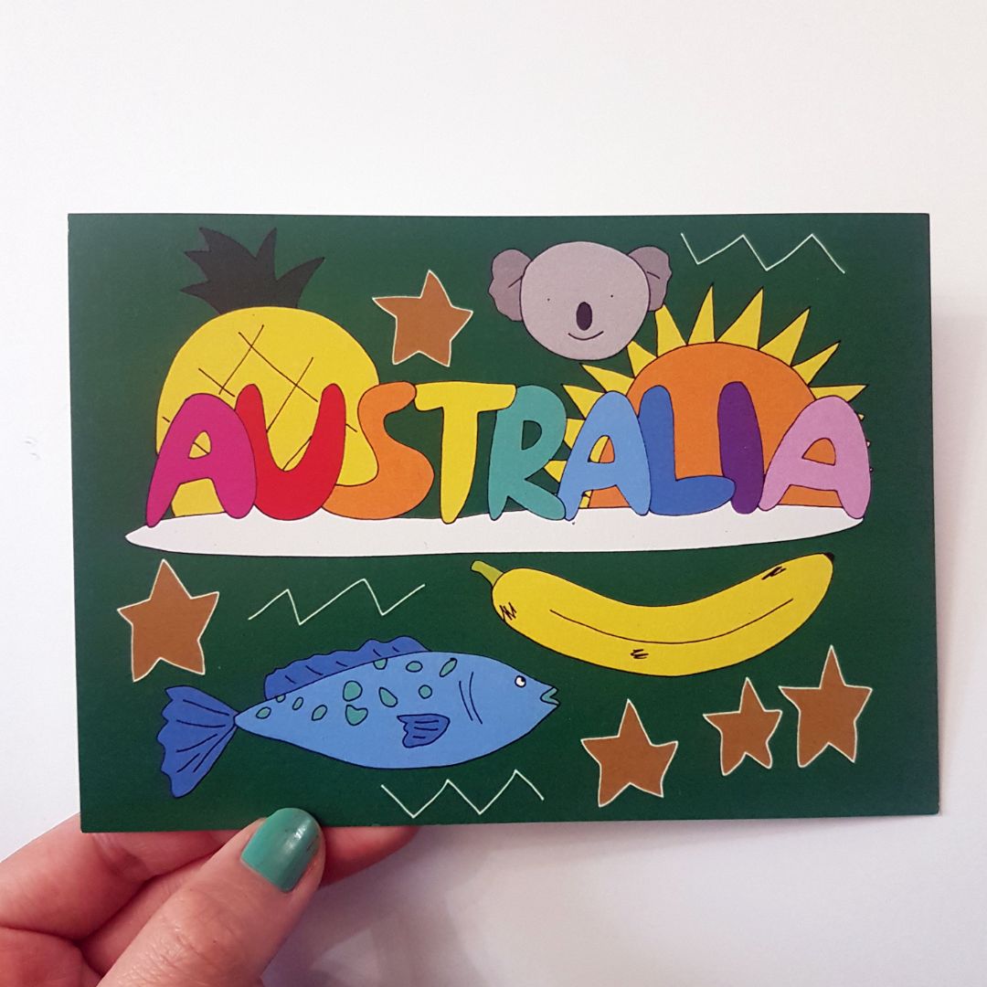 Tegan Iversen Australia postcard,  green 15cm x 10cm