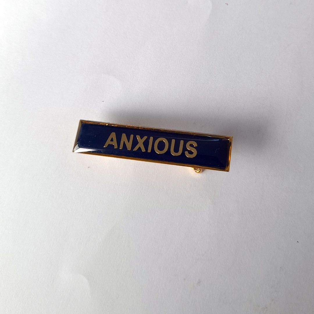 Tegan Iversen Anxious badge,  navy 3.8cm x .6cm