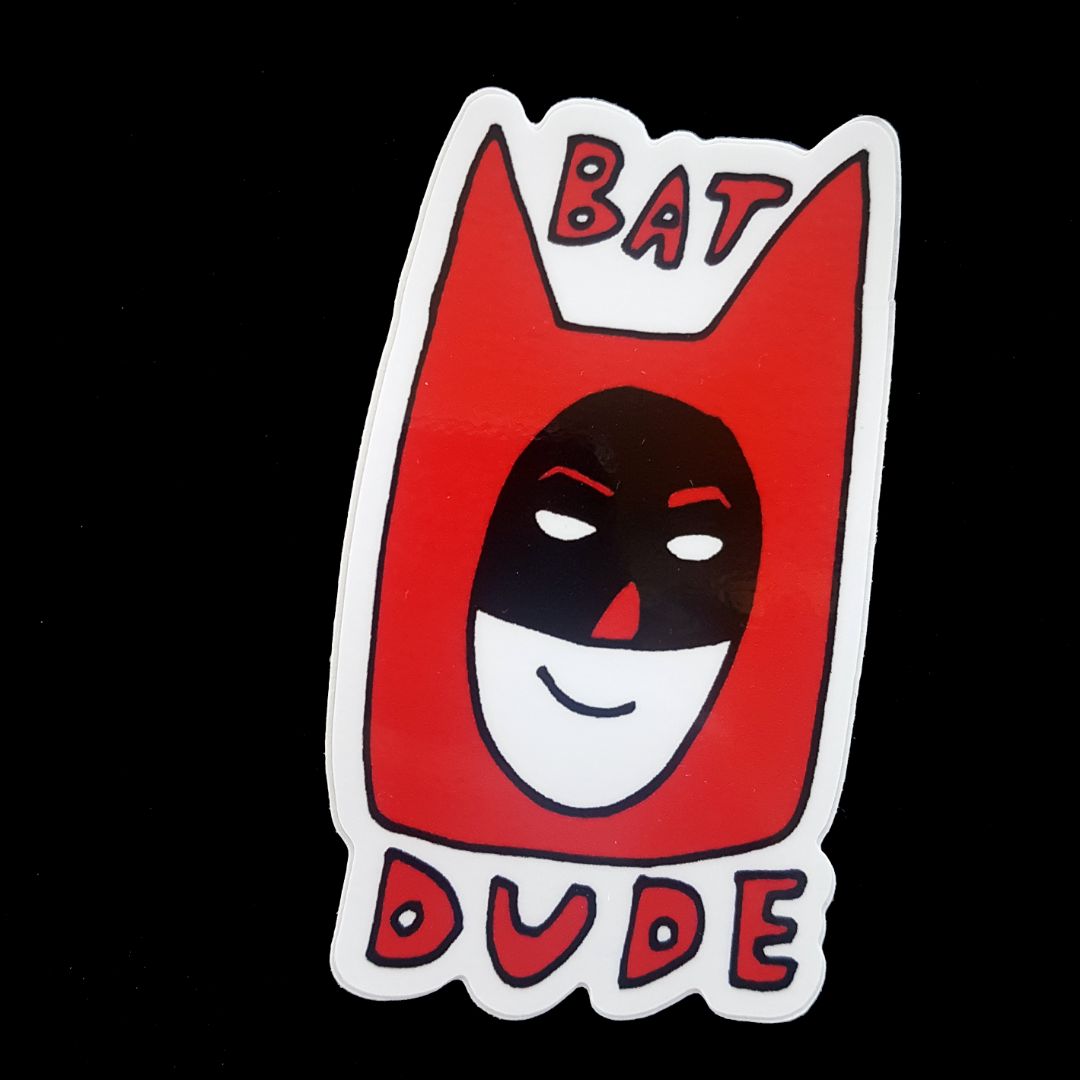 Tegan Iversen Batdude sticker,  red 4cm x 8cm