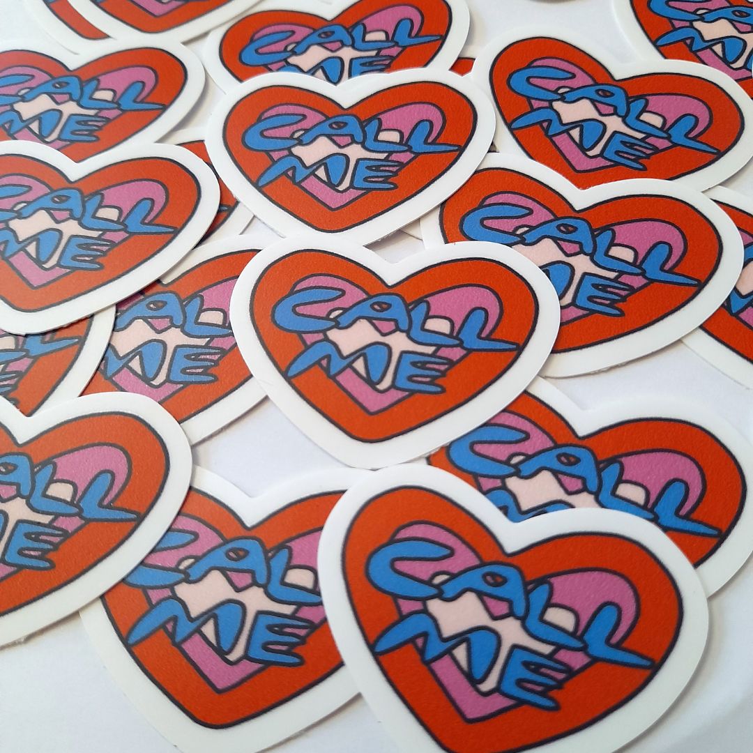 Tegan Iversen Call me sticker,  red 5cm x 3.5cm