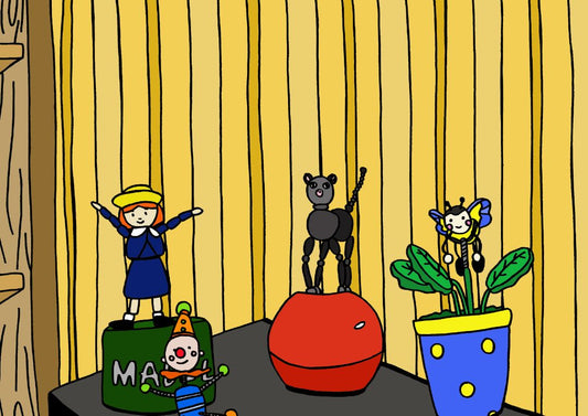 Tegan Iversen Cute little push puppets artwork,  yellow 21cm x 29.7cm