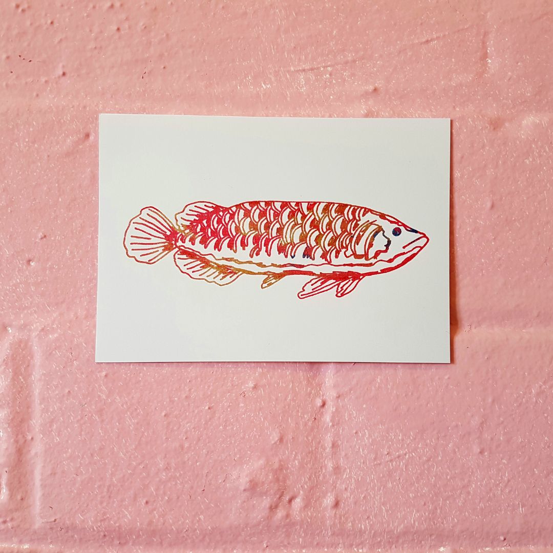 Tegan Iversen Fish gocco print,   14.5cm x 10cm