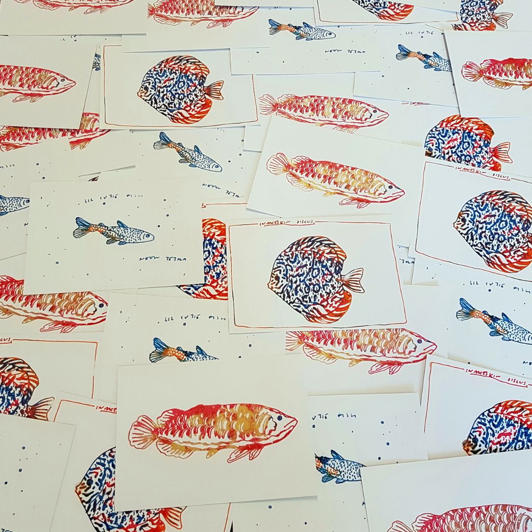 Tegan Iversen Fish gocco print,   14.5cm x 10cm