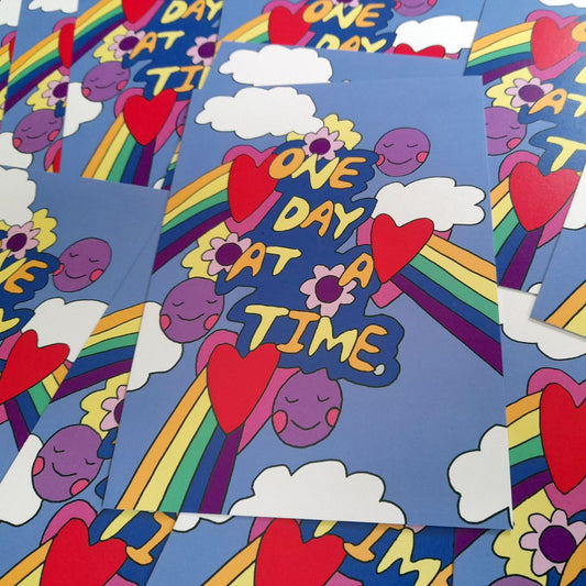 Tegan Iversen One day at a time postcard,  blue 10.5cm x 15cm