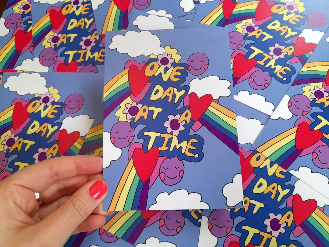 Tegan Iversen One day at a time postcard,  blue 10.5cm x 15cm