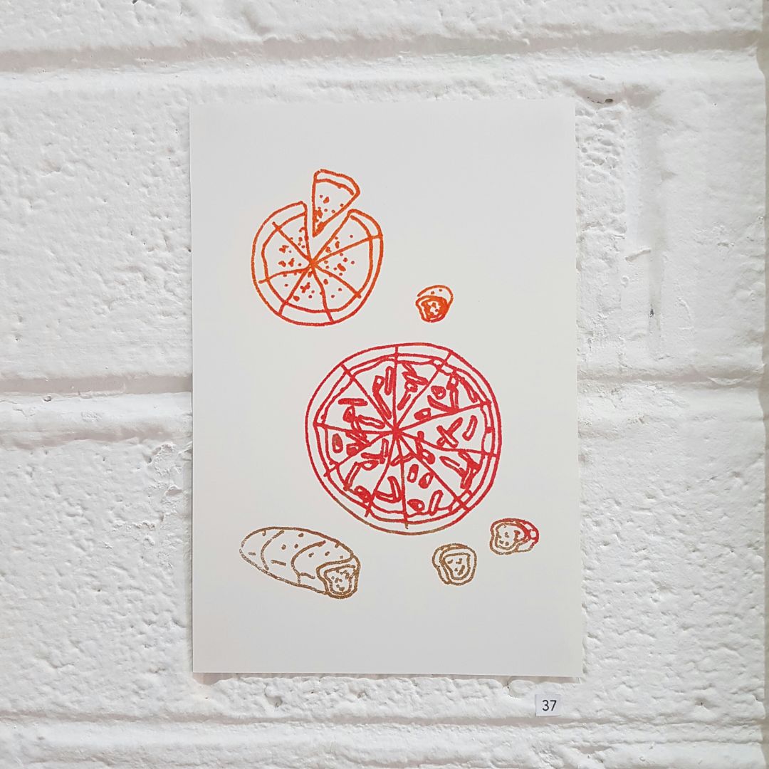 Tegan Iversen Pizza gocco print,   10 x 14.5cm