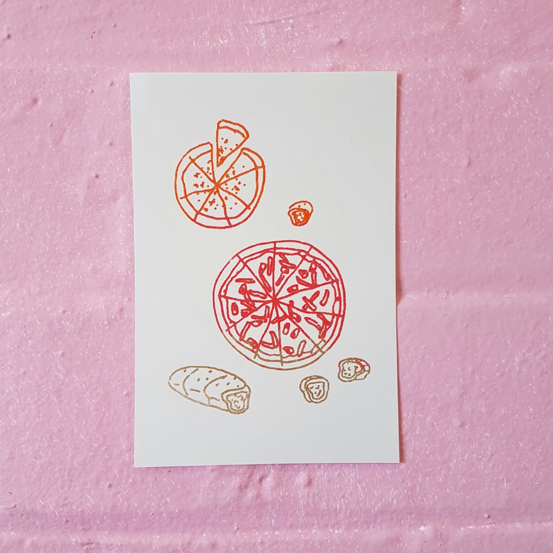 Tegan Iversen Pizza gocco print,   10 x 14.5cm