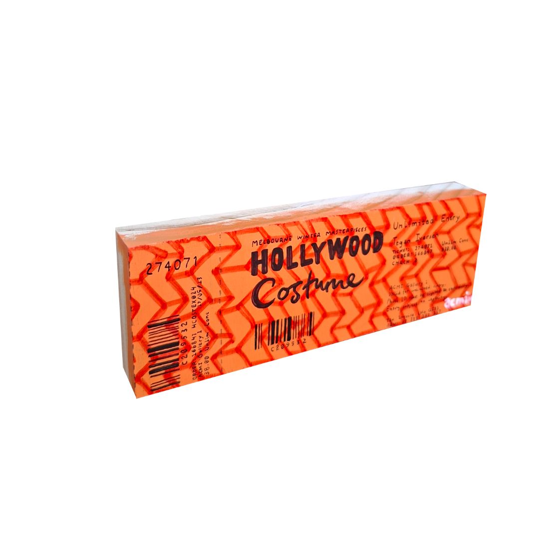 Tegan Iversen Hollywood costume ticket artwork,  orange 14cm x 5cm x 2cm