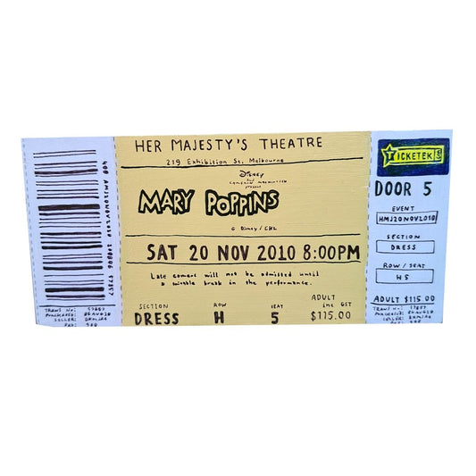 Tegan Iversen Mary Poppins ticket artwork,  yellow 14cm x 6.5cm x 4.5cm