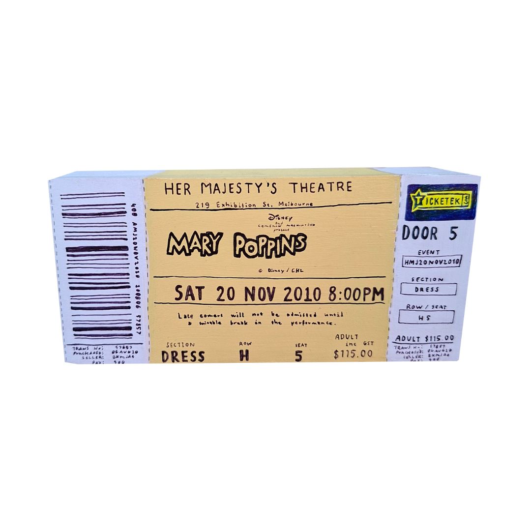 Tegan Iversen Mary Poppins ticket artwork,  yellow 14cm x 6.5cm x 4.5cm