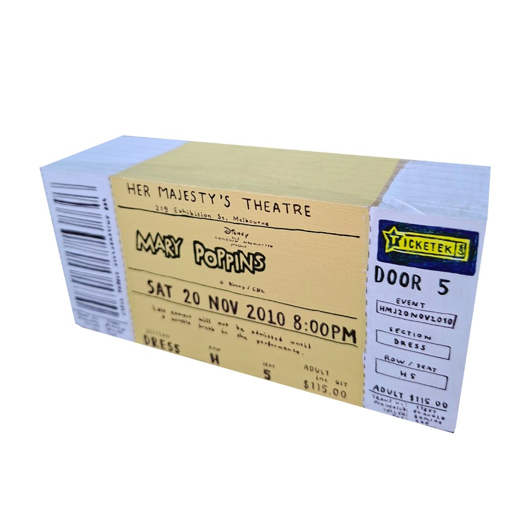 Tegan Iversen Mary Poppins ticket artwork,  yellow 14cm x 6.5cm x 4.5cm