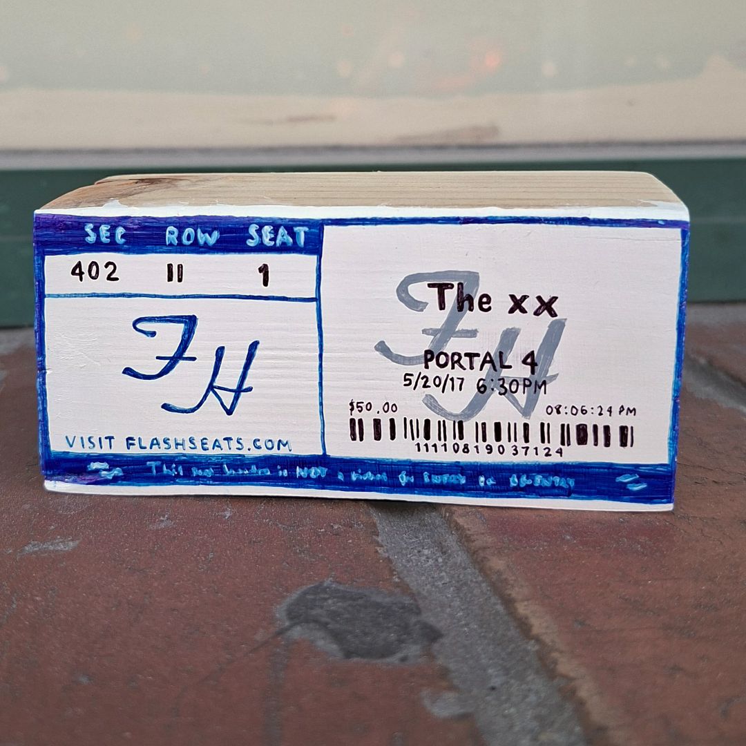 Tegan Iversen The xx ticket artwork,   10cm x 5cm x 4.5cm