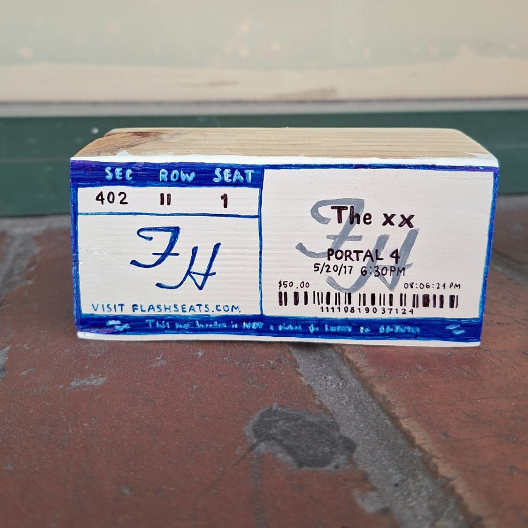 Tegan Iversen The xx ticket artwork,   10cm x 5cm x 4.5cm