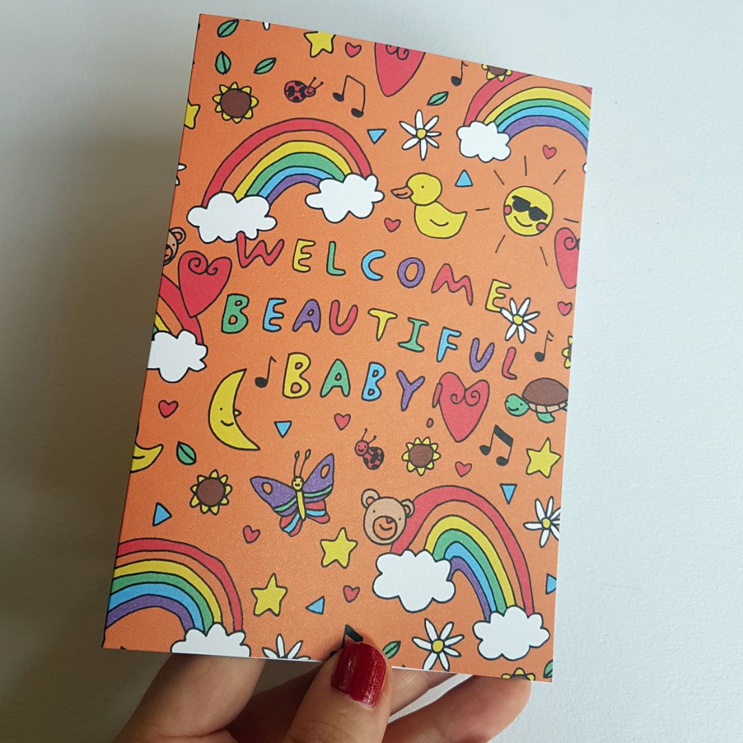 Tegan Iversen Welcome beautiful baby card,  Orange 10.5cm and 14.5cm