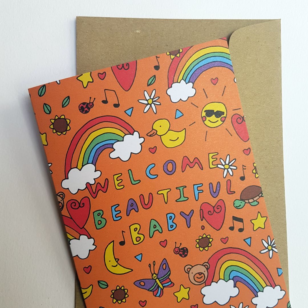 Tegan Iversen Welcome beautiful baby card,  Orange 10.5cm and 14.5cm