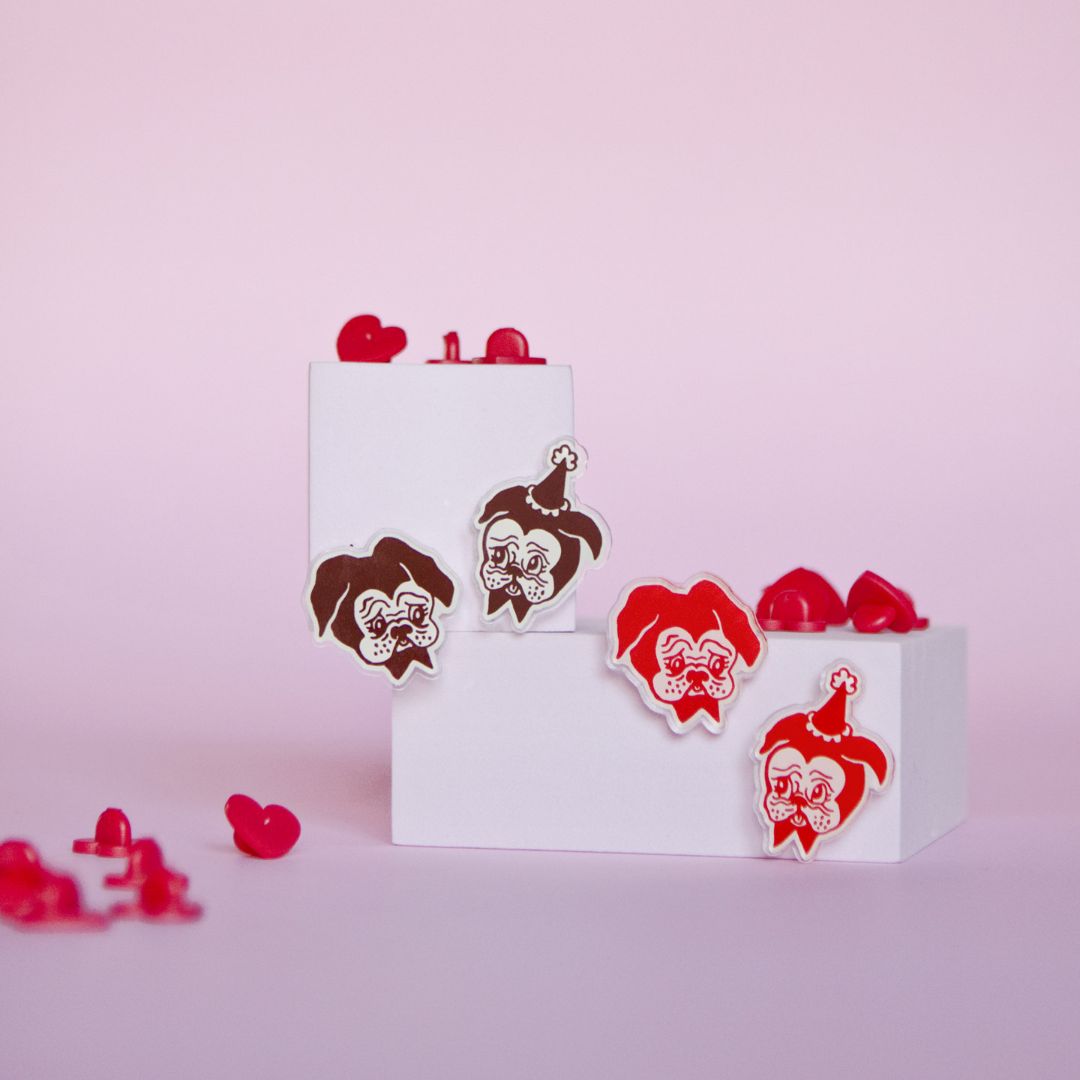 Candy & Kitsch Branded Pug Acrylic Pins,  Brown + Ivory