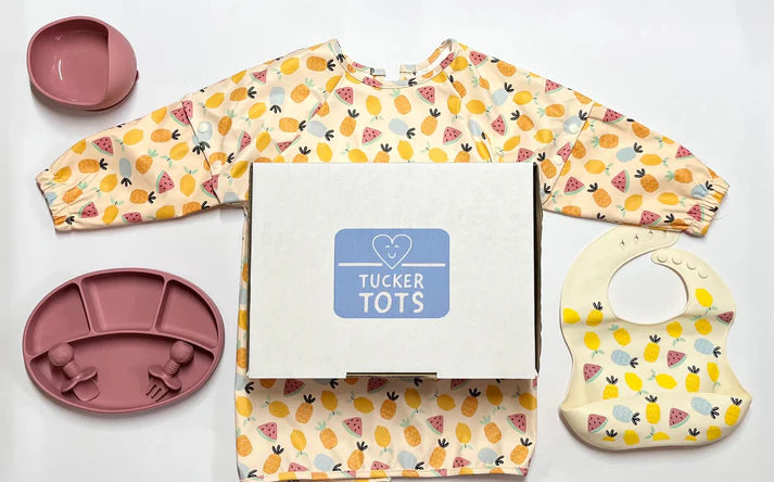 Tucker Tots Whole Set - Feeding/Play Smock + 5 Piece Silicone Feeding Set