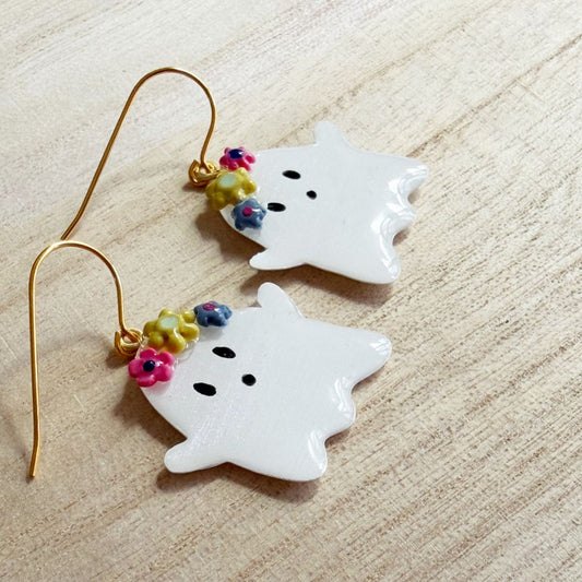 Lacroz & Co. Designs Halloween Floral Ghost Earrings (pink yellow),  White 40mm x 25mm