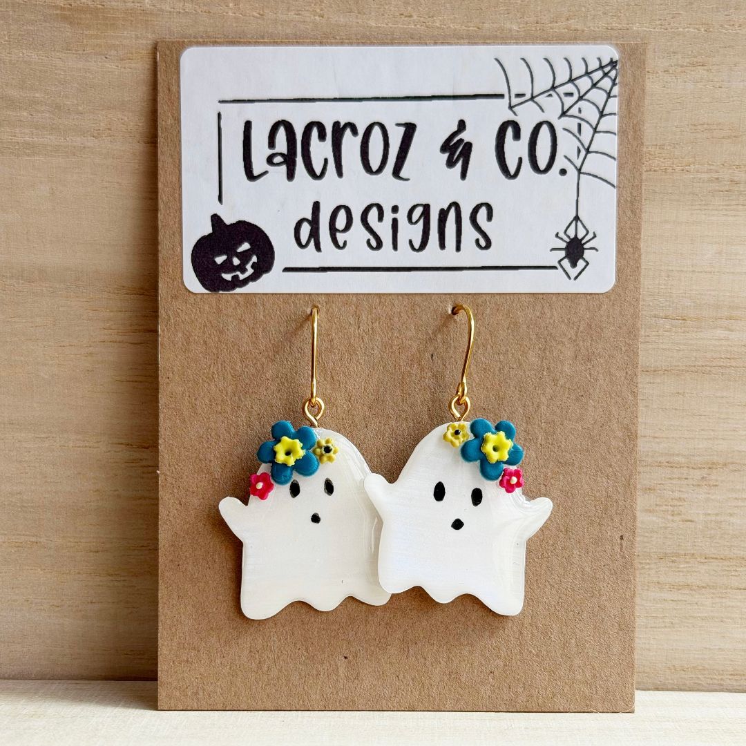 Lacroz & Co. Designs Halloween Floral Ghost Earrings,  White 40mm x 25mm