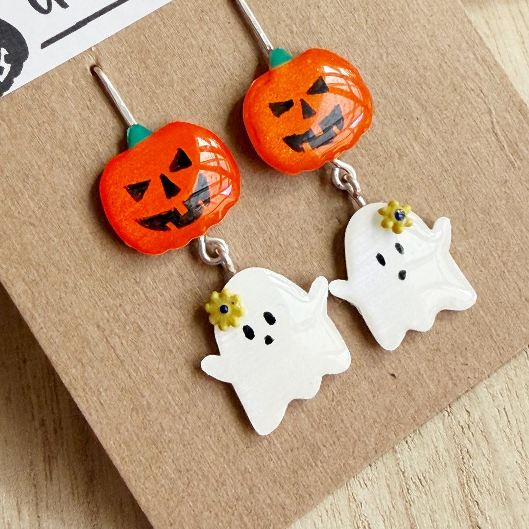 Lacroz & Co. Designs Halloween Pumpkin & Ghost Earrings (yellow),   45mm x 15mm