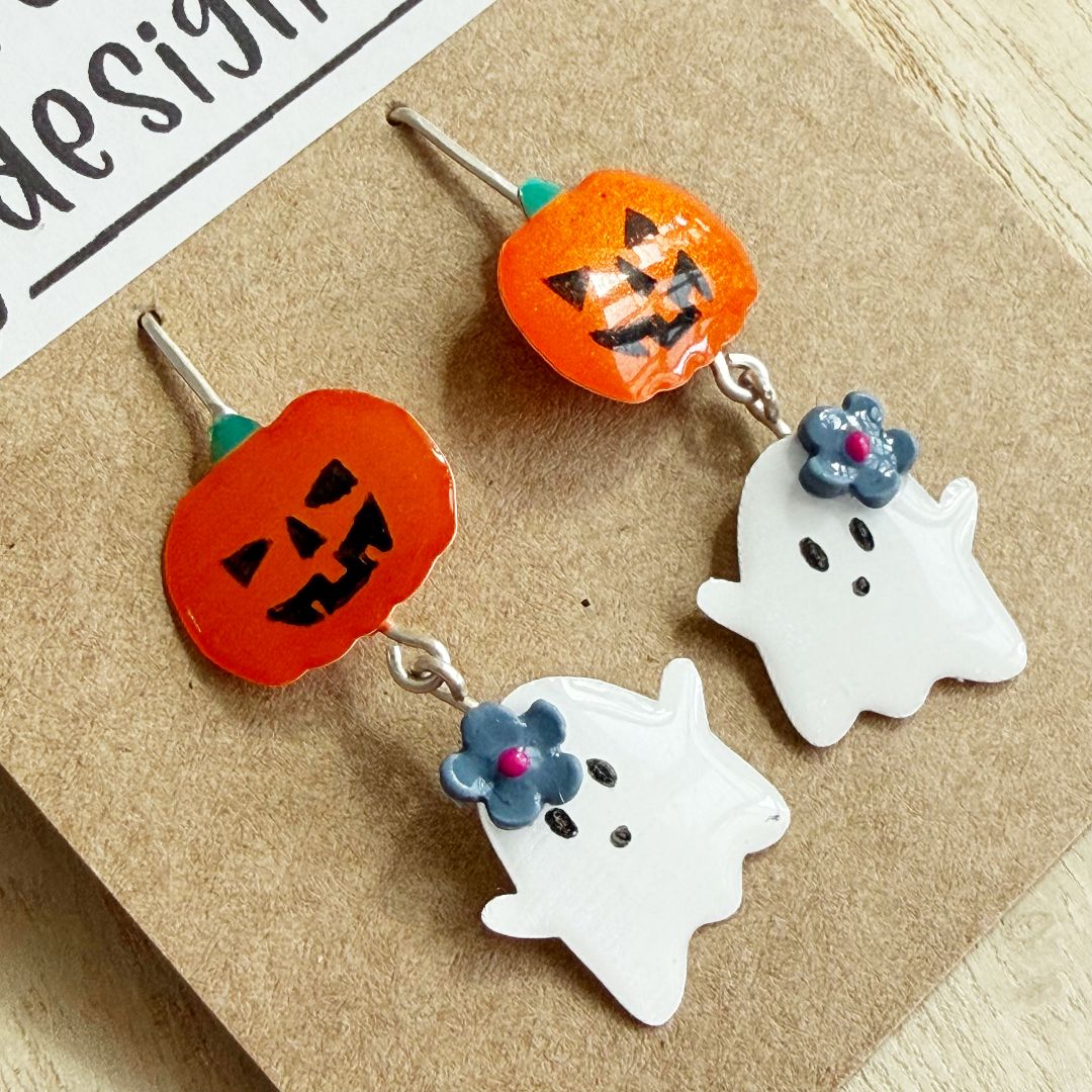 Lacroz & Co. Designs Halloween Pumpkin & Ghost Earrings (blue),  White 45mm x 15mm