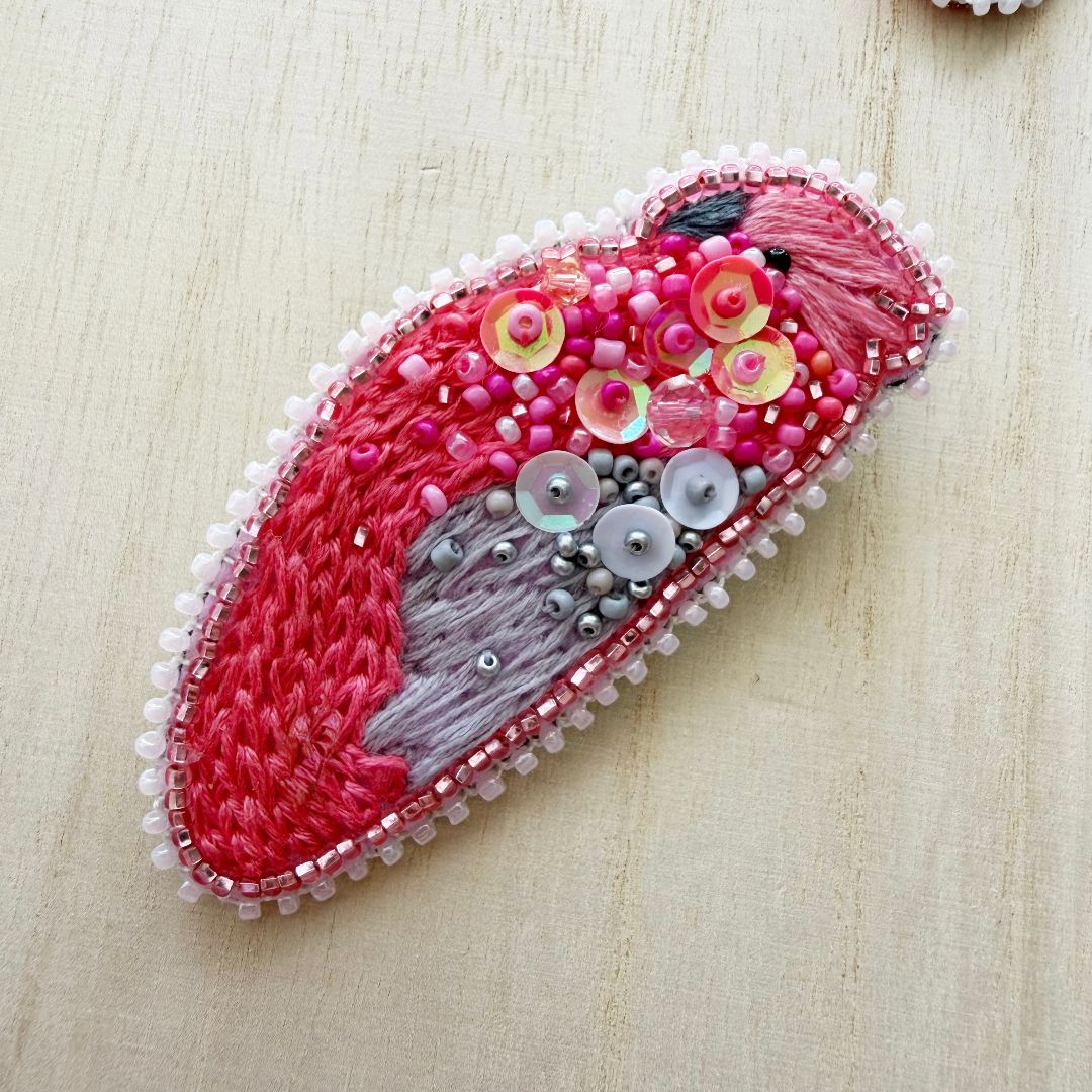 Lacroz & Co. Designs Pink & Grey Galah Beaded Brooch,   85mm x 35mm