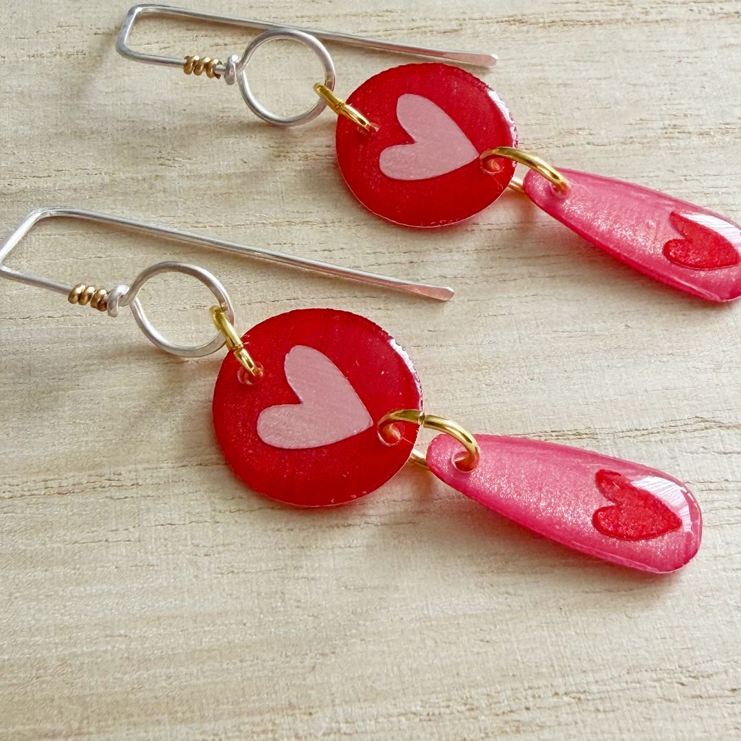 Lacroz & Co. Designs Heart Drop Earrings | Red & Pink,   57mm x 15mm